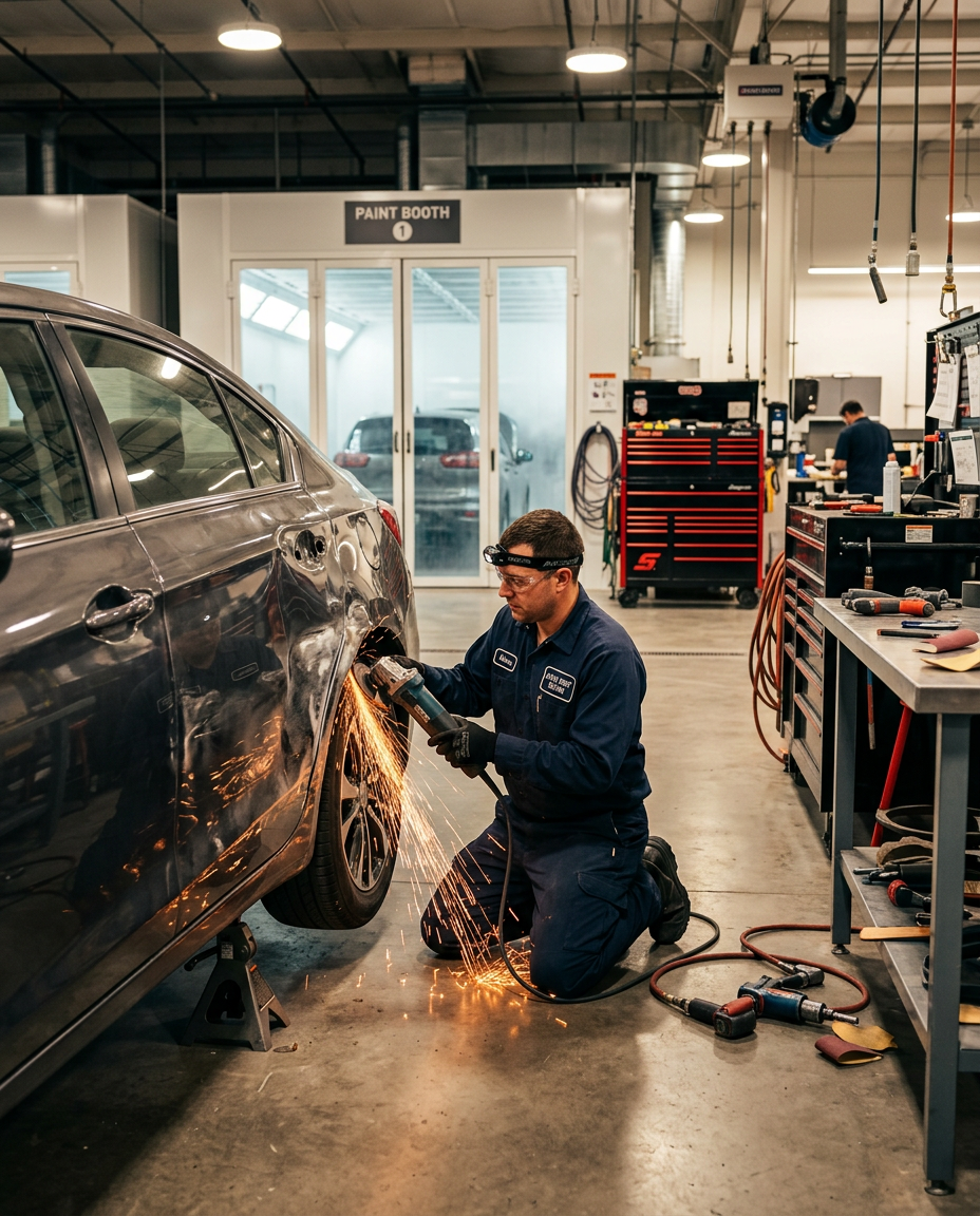 Auto body technician working on a vehicle in our family-owned Mansfield shop